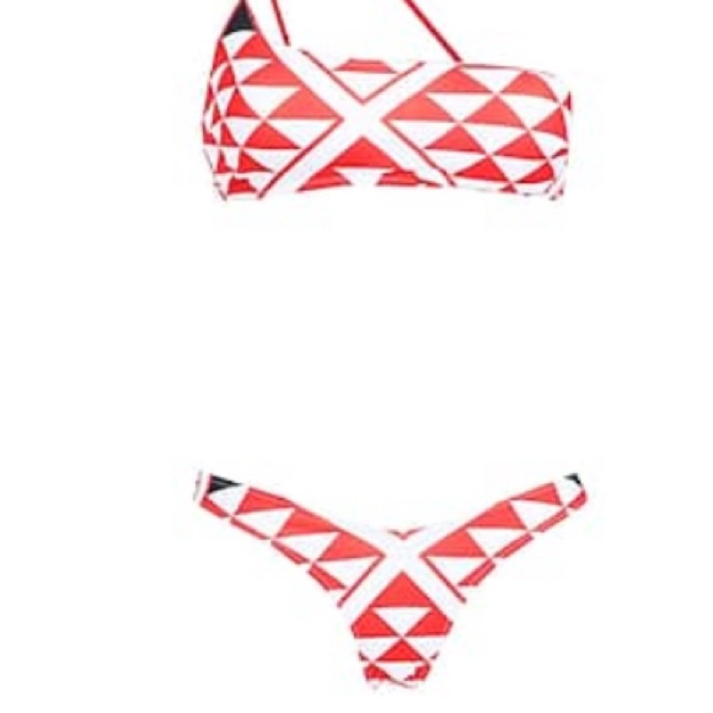 Red and White Asymmetrical Bikini with Geometric Pattern